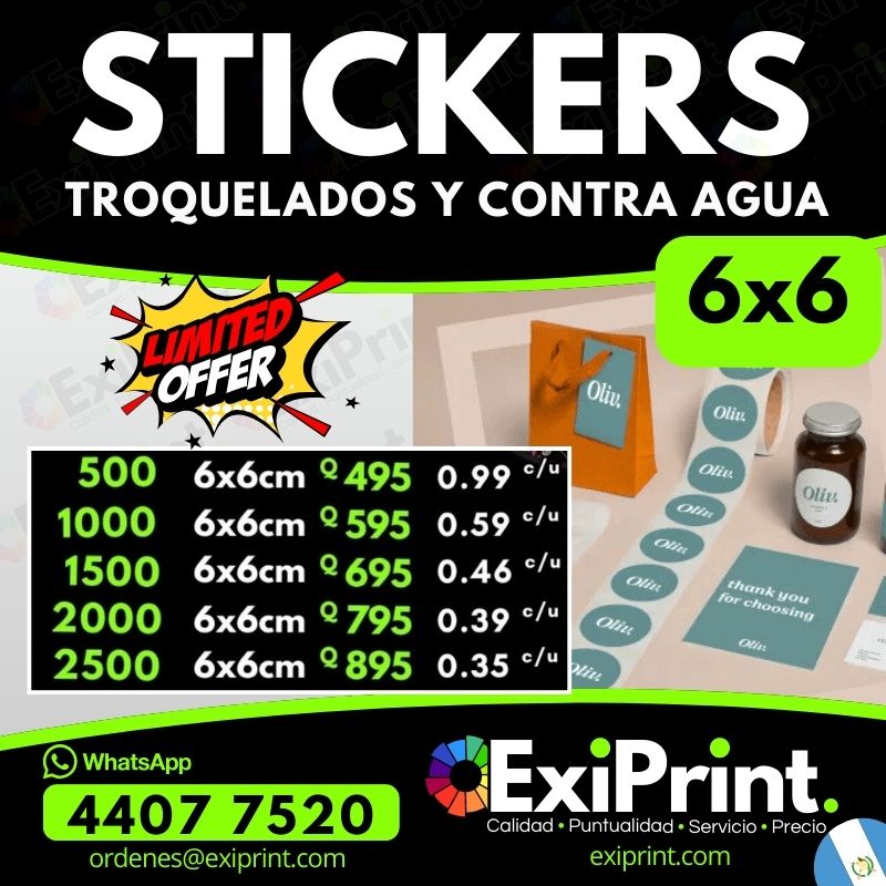 Oferta 500 Stickers 6x6 troquelados y contra agua